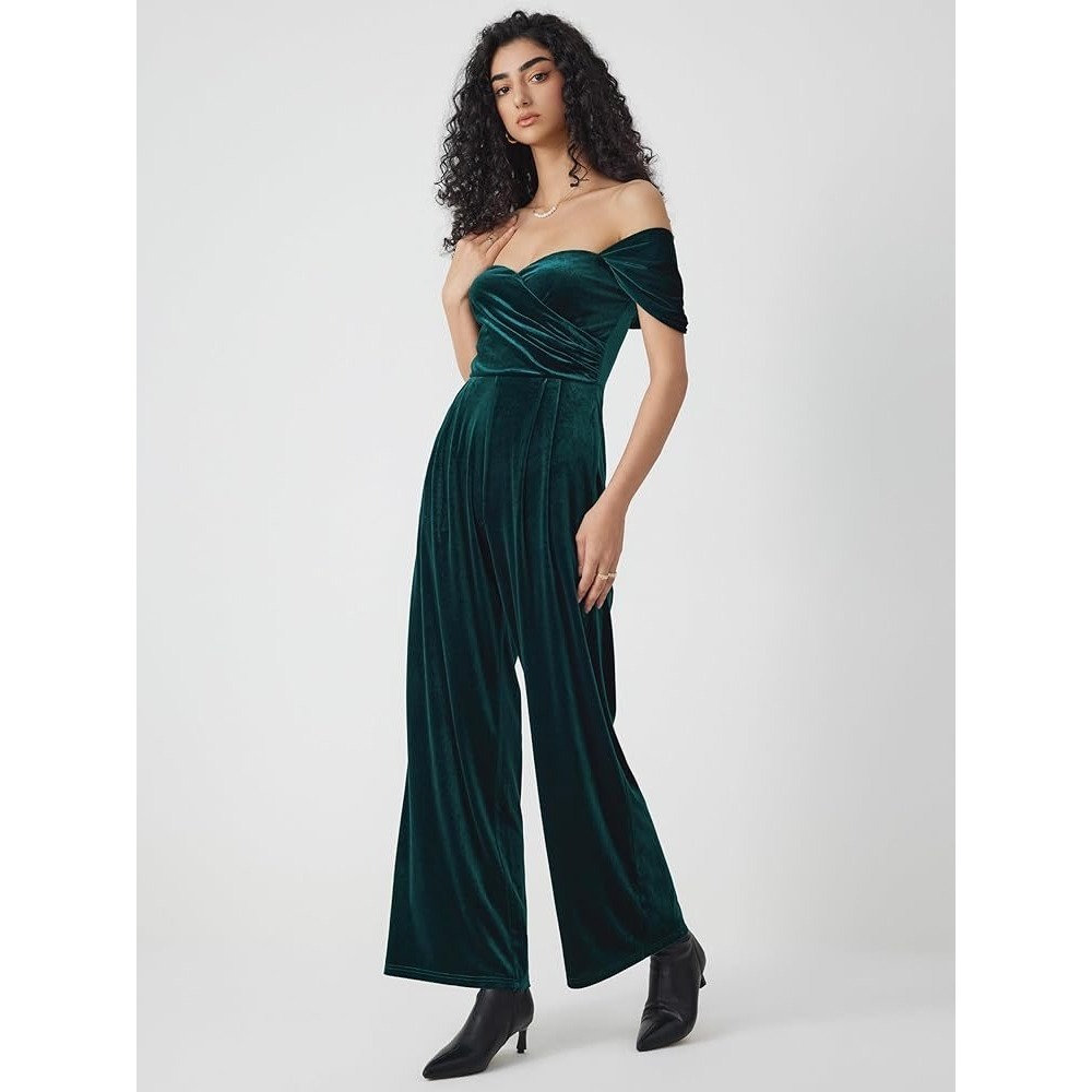 Cider‎ Emerald Green Velvet Wide Leg Jumpsuit Off Shoulder Smocked 0XL NEW NWT